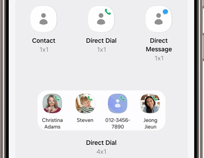 Galaxy phone screen displaying widgets for direct dial and direct message, including contacts with photos