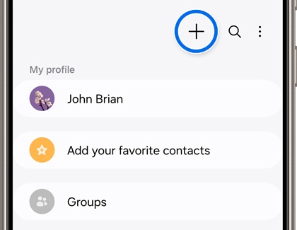 Galaxy phone screen displaying the contacts app with options to add new contacts and manage groups