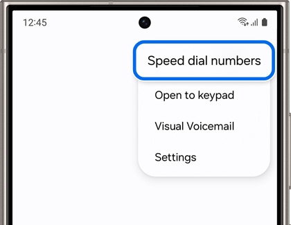 Galaxy phone screen showing a menu with 'Speed dial numbers' selected as an option