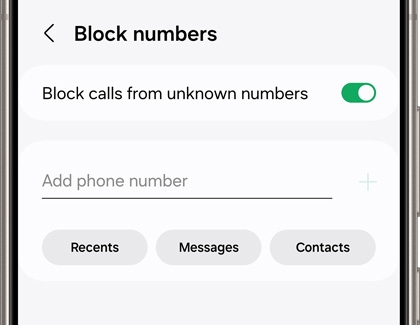 Galaxy phone screen displaying the 'Block numbers' settings with the option to block calls from unknown numbers enabled