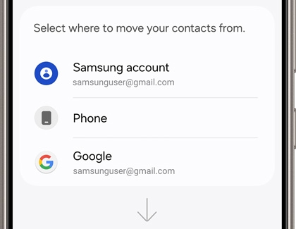 Galaxy phone screen showing options to move contacts from a Samsung account, phone storage, or Google account