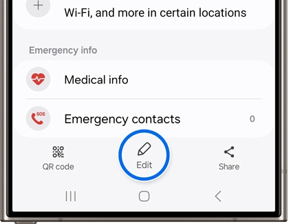 Galaxy phone screen showing the emergency contacts section with an 'Edit' button highlighted