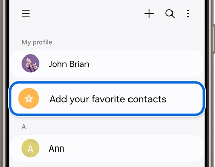 Galaxy phone screen showing an option to 'Add your favorite contacts' highlighted in the contacts app