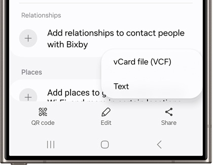 Galaxy phone screen displaying options to share a profile as a vCard file or text