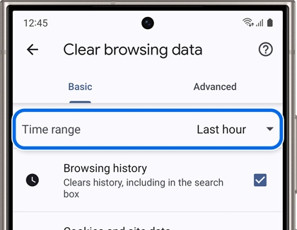 Galaxy phone screen showing the 'Clear browsing data' menu with 'Last hour' selected as the time range