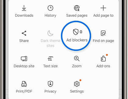 Galaxy phone browser menu highlighting the 'Ad blockers' option, circled for emphasis