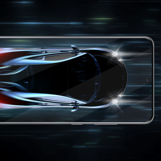 Galaxy phone screen displaying a dynamic image of a car speeding on a track, illustrating high-speed performance