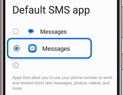 Settings screen on a Galaxy phone for selecting the default SMS app, with 'Messages' chosen