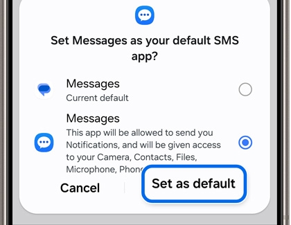 Confirmation screen on a Galaxy phone to set 'Messages' as the default SMS app, highlighting permissions and the 'Set as default' button