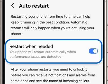 Galaxy phone screen showing the 'Auto restart' setting enabled, which automatically restarts the phone when performance issues are detected