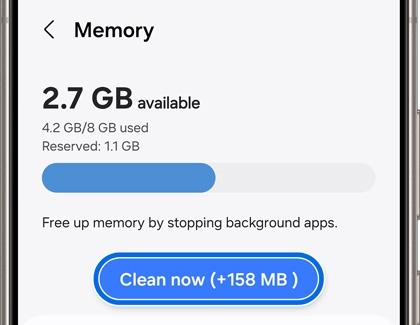Galaxy phone screen displaying 'Memory' management with 2.7 GB available and an option to 'Clean now' to free up 158 MB
