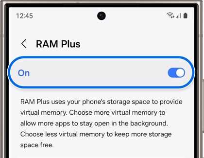 Galaxy phone screen showing the 'RAM Plus' setting enabled, which uses storage space to provide additional virtual memory