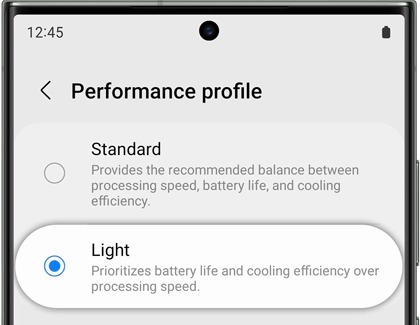 Light mode highlighted and selected in Performance profile settings