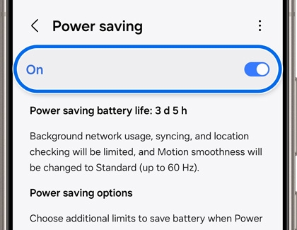 Galaxy phone screen displaying the 'Power saving' settings with the toggle switched to 'On'