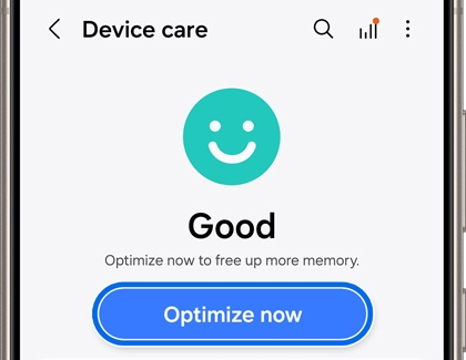 Galaxy phone screen displaying 'Device Care' with a status of 'Good' and an 'Optimize now' button