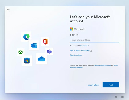 Setup screen on a Samsung Galaxy Book for adding a Microsoft account, showing fields for email, phone, or Skype sign-in, with icons for various Microsoft services like Outlook, OneDrive, and Windows.