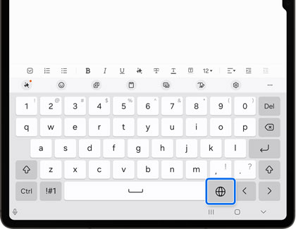 Language icon highlighted on the lower right corner of a Galaxy tablet