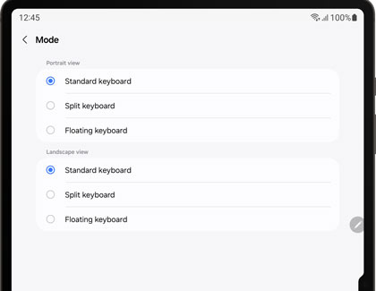 Mode settings screen displayed on a Galaxy tablet