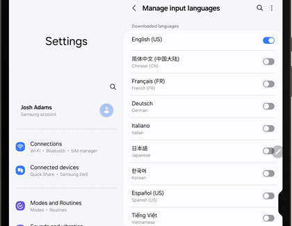 Manage input languages screen displaying on a Galaxy tablet