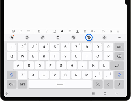 Handwriting icon highlighted above the keyboard on a Samsung Galaxy Tab
