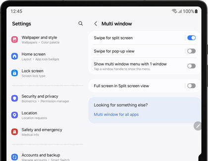 Galaxy tablet's 'Multi window' settings screen with toggle options for split screen, pop-up view, and adjusting full screen in split screen view.