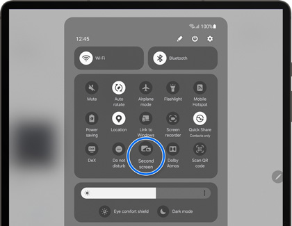 Close-up of a Galaxy tablet's quick settings menu highlighting the 'Second screen' feature, surrounded by other controls like Wi-Fi, Bluetooth, and Airplane mode.