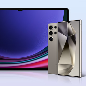 A Galaxy phone and tablet displayed against a vibrant multicolored background, showcasing sleek design and multiple camera lenses.