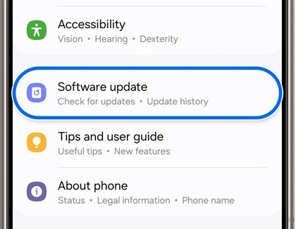 Settings menu on a Samsung Galaxy device showing the 'Software update' option highlighted, with sub-options for 'Check for updates' and 'Update history'.