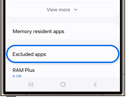 Screen of a Samsung phone showing memory settings with options including 'Excluded apps' highlighted, and a section labeled 'RAM Plus' with 8 GB.