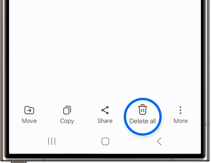 Action bar on a Samsung phone screen with options including Move, Copy, Share, and a highlighted 'Delete all' button for removing files.