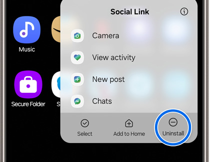 Application menu on a Samsung phone with the 'Uninstall' option highlighted for the 'Social Link' app, alongside other app options like Camera and Chats.