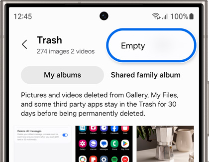 Samsung device screen displaying the 'Trash' folder with an 'Empty' button highlighted, containing 274 images and 2 videos set for deletion after 30 days.