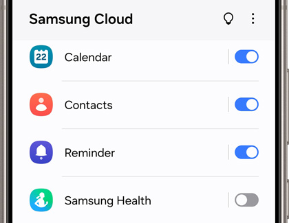 Samsung Cloud settings screen on a phone, showing toggles for syncing Calendar, Contacts, Reminder, and Samsung Health data.
