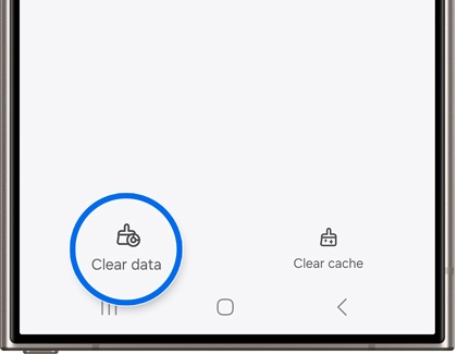 App info screen on a Samsung Galaxy device showing options to 'Clear cache' and highlighted 'Clear data' for managing app storage.