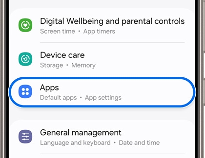 Settings menu on a Samsung Galaxy device displaying the 'Apps' option, highlighted for access to 'Default apps' and 'App settings'.