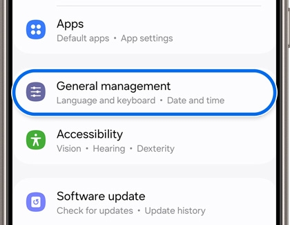Settings menu on a Samsung Galaxy device displaying the 'General management' option highlighted, with sub-options for 'Language and keyboard' and 'Date and time'.