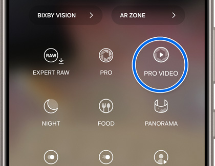 Close-up of a Galaxy phone's camera settings highlighting the 'Pro Video' mode, surrounded by other options like Expert RAW, Night, and Food.