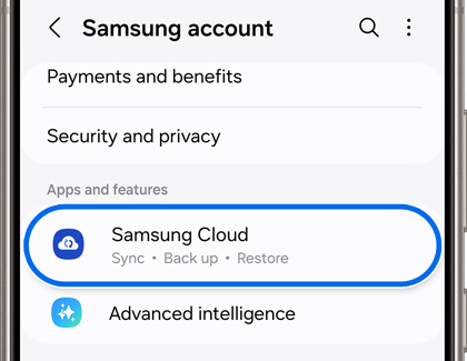 Screen of a Galaxy phone showing the Samsung account settings with the 'Samsung Cloud' option highlighted, including features for sync, backup, and restore.