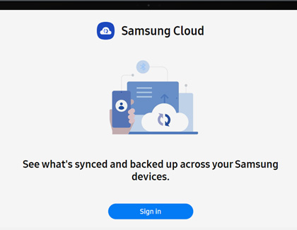 Web page of Samsung Cloud featuring a login screen with a graphic of cloud storage and devices, inviting users to see what's synced and backed up across their Samsung devices.