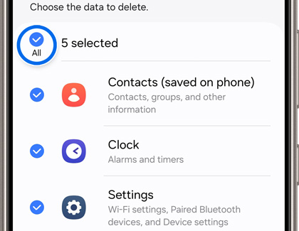 Samsung phone screen displaying options to delete data, with '5 selected' highlighted. Items include Contacts, Clock, and Settings with details like Wi-Fi and Bluetooth configurations.