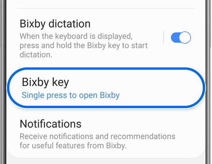 Settings menu on a Samsung Galaxy device displaying options for the Bixby key, highlighted to show 'Single press to open Bixby' setting.