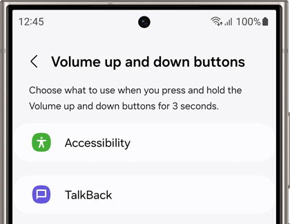 Settings screen on a Galaxy phone detailing the customization of the volume buttons, with options to activate 'Accessibility' features like TalkBack by holding the buttons for 3 seconds.