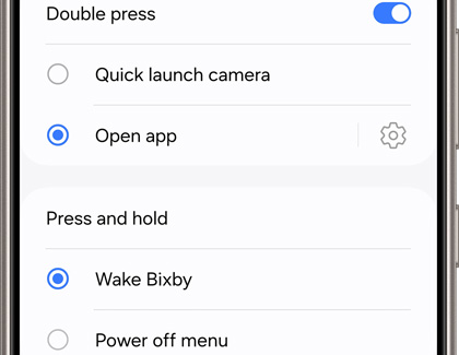 Settings screen on a Galaxy phone displaying options for customizing the Side button, including 'Double press' to open an app and 'Press and hold' to wake Bixby.