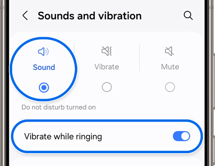 Galaxy phone's 'Sounds and vibration' settings screen with the 'Sound' mode selected and the 'Vibrate while ringing' option toggled on.