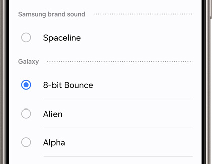Screen showing notification sound options on a Galaxy phone, with '8-bit Bounce' currently selected among others like 'Spaceline' and 'Alien'.