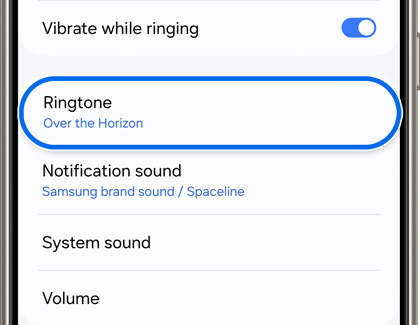 Settings menu on a Galaxy phone displaying 'Ringtone' option set to 'Over the Horizon', with other sound settings for notifications and system sounds listed below.