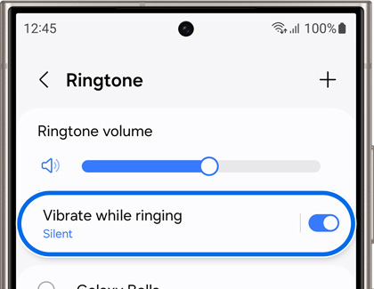 Ringtone settings on a Galaxy phone showing an active 'Vibrate while ringing' toggle, with a volume slider above it.
