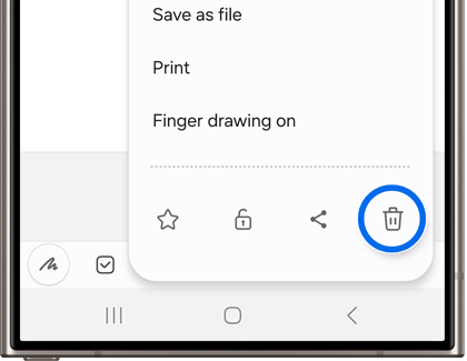 Trash icon highlighted on Samsung Notes app