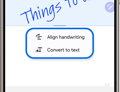 Align handwriting and Convert to text highlighted in Samsung Notes