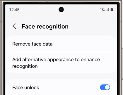 A list of Face recognition settings on a Galaxy phone